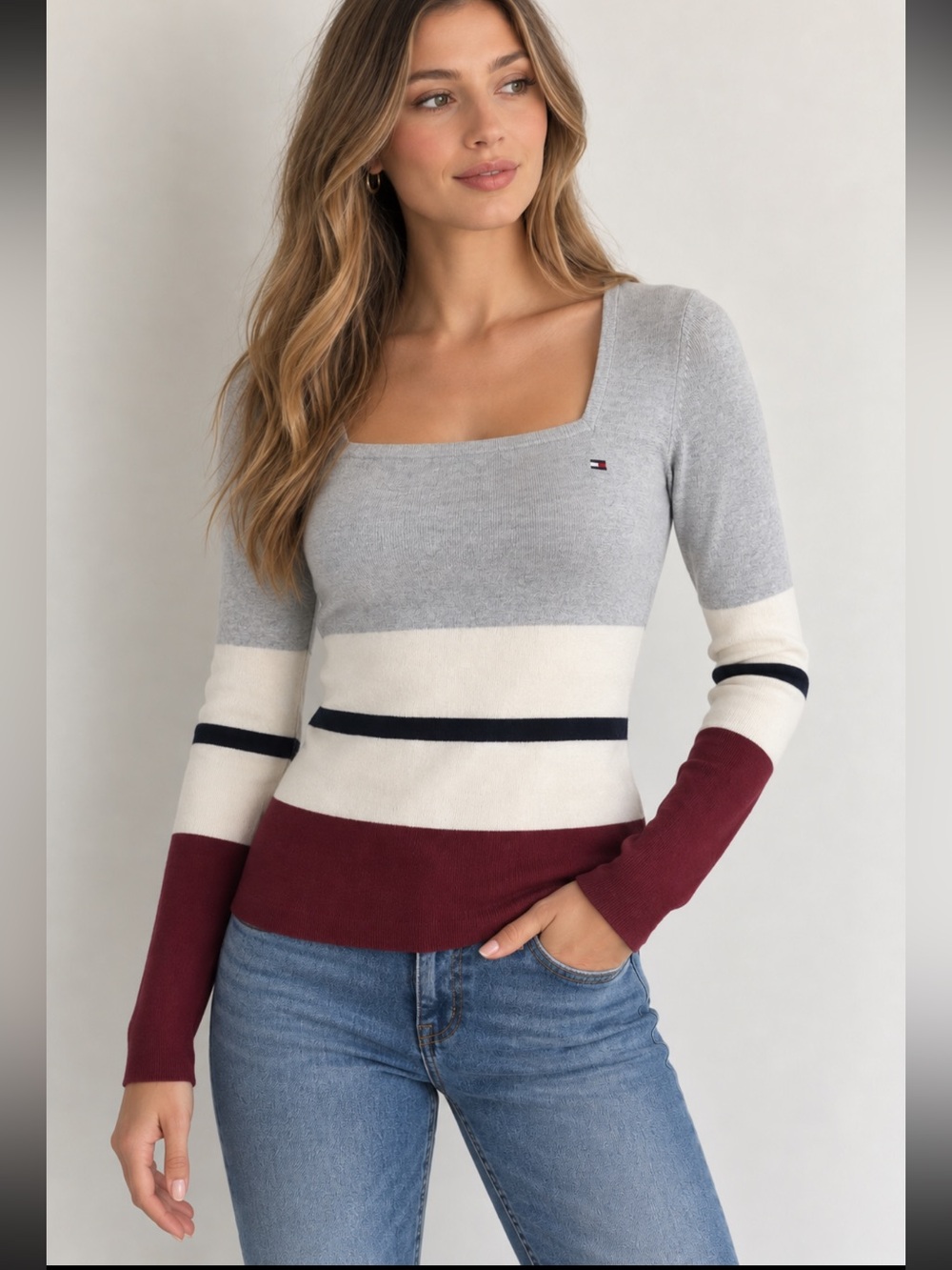 WT Tommy Hilfiger Colorblock square neck Sweater XS Red Cream Grey